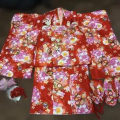 七五三 3歳 女の子 赤 桜 7点セット 着物 被布 長襦袢 足袋 草履 巾着