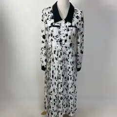 モノトーン 花柄 プリーツ ロングワンピース 長袖 襟付き クラシカル XL