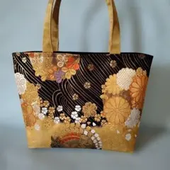 帯リメイク　トートバック　古代花丸文様　波　金銀糸