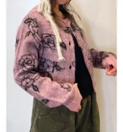 jouetie ニット2WAYパターンショートカーディガン　ピンクバラ柄