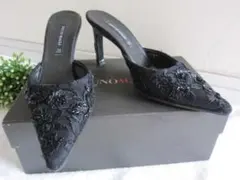 豪華装飾★BRUNOMAGLI ブルーノマリ レース＆ビーズ黒シルクミュール33