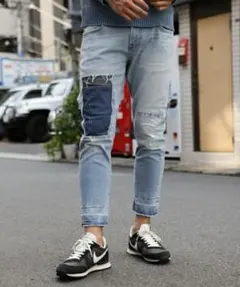 ベイフロー　テーパード　パッチワーク　デニム　ストレッチ　クロップド　パンツ　Lのサムネイル