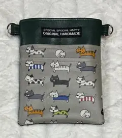 ナースポーチオーガナイザー（ハンドメイド） 合皮深緑&ラミネート（猫柄グレー）