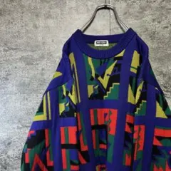 古着　90s ヴィンテージ　総柄ニットセーター　マルチカラー　昭和レトロ　幾何学