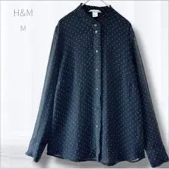 エイチアンドエム ダークブルー ドット柄 長袖シャツ M シアー素材 透け感あり