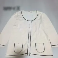 カーディガン　長袖　レディース　M　アイボリー/ネイビー　パールボタン