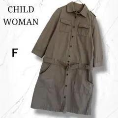 【CHILD WOMAN】膝丈七分袖ミリタリーシャツワンピース　カーキグリーン
