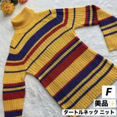 美品★レトロ カラフルボーダー タートルネック ニット セーター ストレッチ F