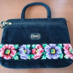 FEILER 花柄刺繍ポーチ ブラック 中型