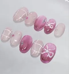 50.【オーバル】ピンク　マグネット　リボン　チェック【 ネイル　チップ】