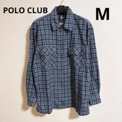 Polo Clubメンズチェック長袖シャツ M フルジップ ブルー