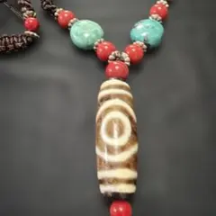 秘蔵天珠‼️西蔵老礦古代伝承金剛蓮華二眼天珠チベット風紐編みネックレス