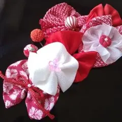 七五三 髪飾り　卒園式　3歳7歳　赤白　和玉&和布　ヘッドドレス　着物リメイク