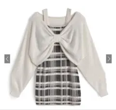 リボンシャギートップス✕チェック柄キャミソールミニワンピースニットセットアップ