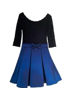 美品 MITSUBA レース切替ワンピース 黒×青 リボン付 M 上品 フレア