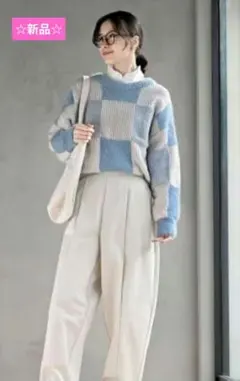 ☆新品☆【r.p.s】ブロック柄ニットセーター 水色　フリーサイズ