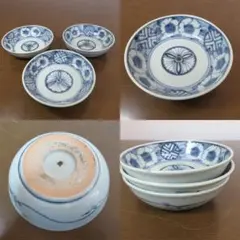 なます皿 3枚 染付 花文様 幾何学 丸文様 牡丹 蛇の目 唐草 江戸 古伊万里