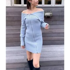 spiralgirl ビッグカラーフルジップタイトリブワンピース　ブルー　青