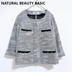 【ナチュラルビューティーベーシック】ノーカラージャケット　ツイード　 グレー