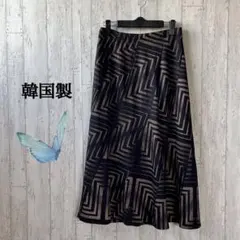 ロングフレアスカート/黒，ゴールド/総柄/ウエストゴム/ストレッチ/L