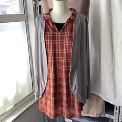ドッキング カーディガン 赤 グレー チェック柄 長袖☆新品☆４LC
