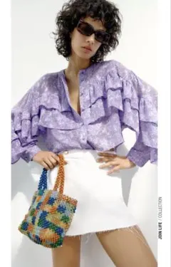 *美品* ZARA ザラ フラワー柄プリント フリルブラウス サイズ パープル