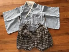 青色着物とストライプパンツセット 80cm