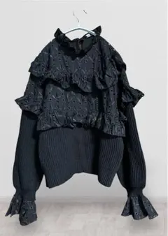 INDEFEIR コットンフリルドッキングリブニット　カットワーク　刺繍レース黒