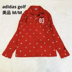 美品adidas golf ゴルフウェアM【長袖ポロシャツ】赤 派手柄総柄 ロゴ