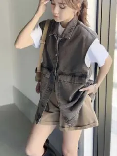 java ヴィンテージ加工デニムミニタリーベスト　M