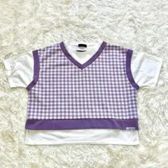 【韓国】ラブトキシック チェックベストレイヤードTシャツ パープル女の子L160のサムネイル