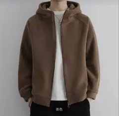 サイズ：XL メンズ ジップアップパーカー 茶色 フード付き カジュアル 秋冬