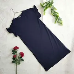 GU ジーユー【S】ネイビー フリル袖 半袖 ロング シャツ ワンピース