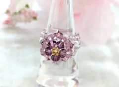 花形ビーズリング　ローズサテン × アメジスト　ハンドメイド