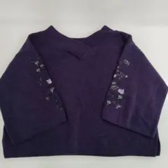 【き460】niko and... パープル五分袖ニット　花柄刺繍