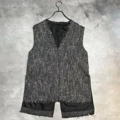 ツイード風 ロングベスト ジレ ブラック×ホワイト フリンジ 裏地付き F