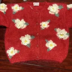 PINK HOUSE 赤 花柄 長袖ニットカーディガン