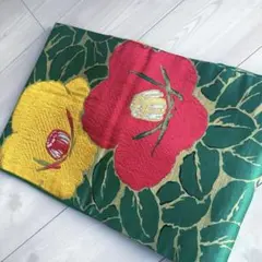 アンティーク名古屋帯　織り出し大輪花模様　　グリーン　正絹　大正ロマン　N-27