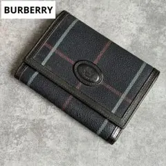 レア BURBERRY レザー 3つ折り財布 ノバチェック 紺 ネイビー