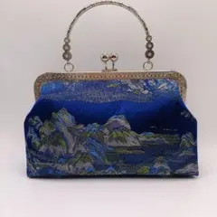 がま口 ハンドバッグ 和風 山水柄 ブルー シルバー口金 上品 レトロ