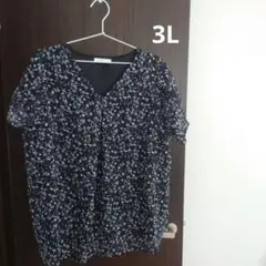 natural plus ブラック 花柄 Vネック 半袖チュニック【3L】