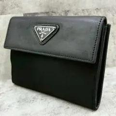 美品 プラダ 三角ロゴ Wホック 二つ折り財布 コンパクトウォレット レザー