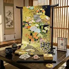 豪華 六通袋帯 正絹 唐織 金糸 扇面四季花文様 黒地 長尺 約464cm 逸品