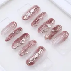 【76】ネイルチップSサイズ ピンクブラウン ニュアンス ラメ ゴールドミラー