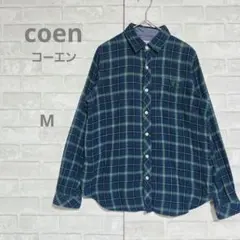 coen コーエン チェック柄 ネルシャツ 長袖シャツ ネイビー×グリーン M