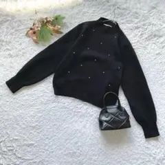 ✨良品✨ (L) 長袖ニット セーター ラインストーン 洗える ハイネック 黒
