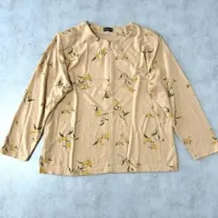 【上品】花柄 トップス ベージュ 長袖 レディース M L 肩パット付 ブラウス