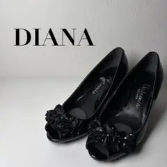 DIANA ダイアナ 黒 リボン オープントゥ ハイヒール パンプス エナメル