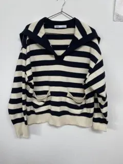 あさ様専ZARA ストライプ 大きめエリ付きニットセーター