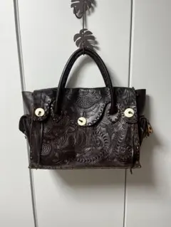 ダークブラウン エンボス加工 ハンドバッグ